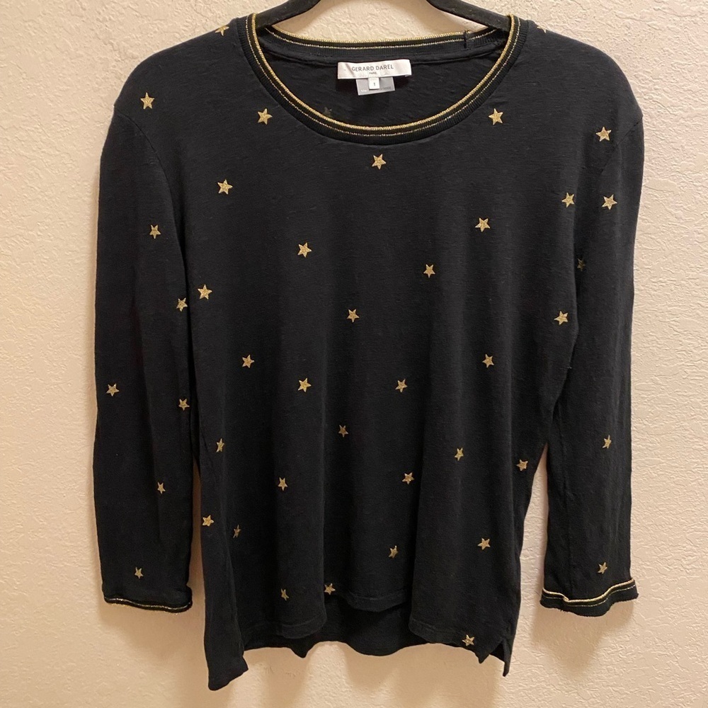 Gerard Darel Black & Gold Glitter Star 3/4 Length Sleeve Tee Size Small